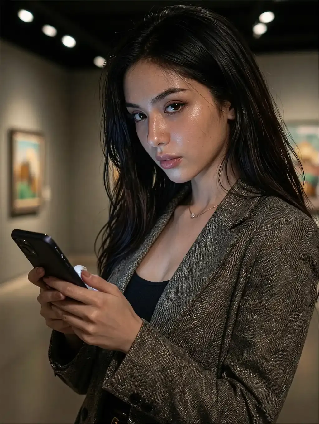 Fictional AI character mid-reply during a date run from a laptop